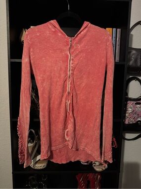 American Age Waffle-Knit Zip Hoodie in Coral